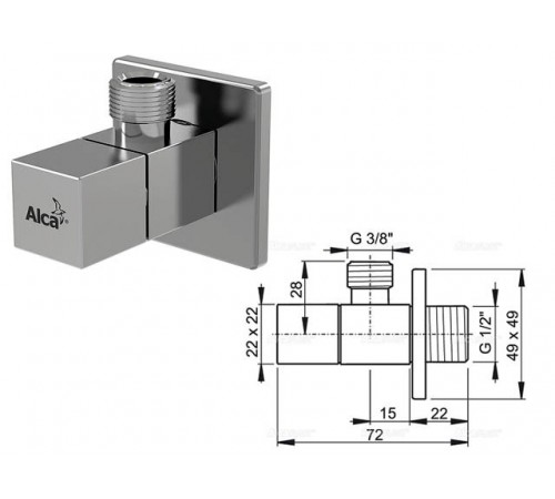 Угловой вентиль 1/2"х3/8", квадратный Alcaplast