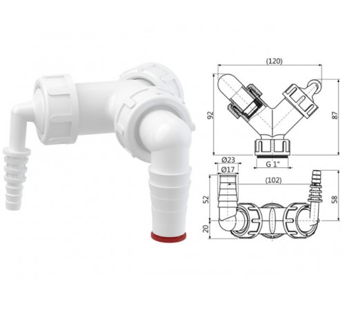 Колено с двумя штуцерами G1"/8-23 c обратными клапанами, Alcaplast