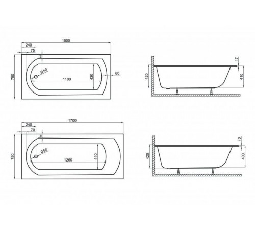 Ванна акриловая Polimat CLASSIC SLIM 170x75 с ножками